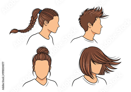 Set of four illustrated female hairstyles with braids bun and bob