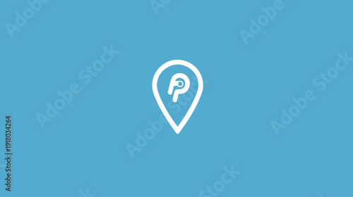 Minimalist location map pin icon with a stylized initial 'P' inside, vector graphic on a solid blue background for navigation, travel, business apps.