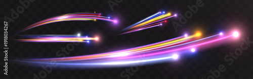 Set of bright neon light trails and glowing speed lines with motion effect on dark background. Dynamic energy beams and colorful streaks for futuristic design projects.