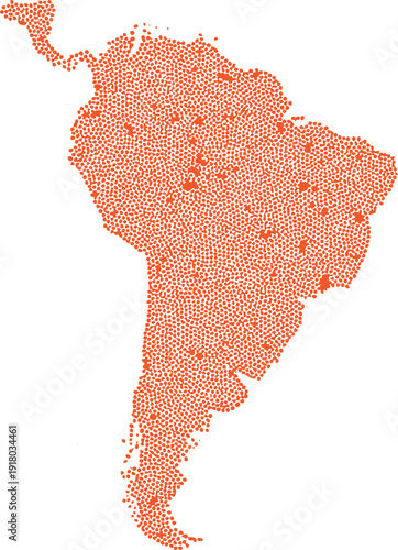 South America continent map with city markers in orange halftone dots on a white background