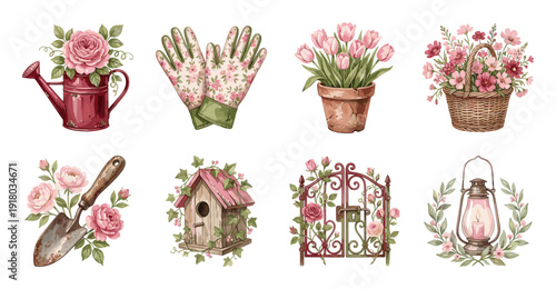 Vintage Garden Illustration Set with Floral Tools and Decor