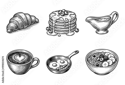 Vintage hand drawn breakfast food collection featuring croissant pancakes coffee eggs and oatmeal in detailed woodcut style engraving.