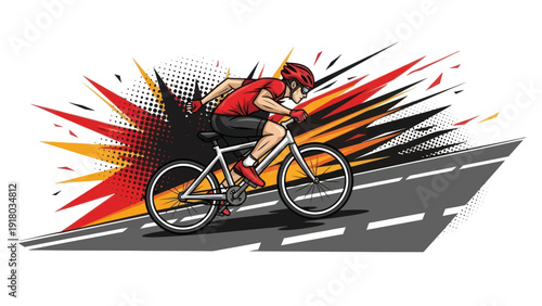 Cyclist in action on road with dynamic burst elements illustration