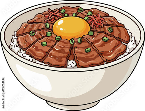 Japanese Gyudon Beef Rice Bowl with Raw Egg Yolk and Scallions - Traditional Asian Donburi Meal