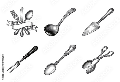 Collection of vintage culinary utensils in a detailed black and white woodcut engraving style including ladles forks and serving tools.
