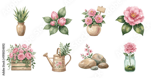 Floral Garden Sticker Set with Watercolor Roses and Camellias