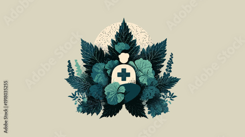 Stylized illustration of holistic health and natural medicine, featuring a person symbol with a medical cross surrounded by green botanical leaves.