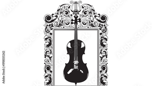 Ornate framed artwork featuring a violin silhouette within an intricate decorative border.