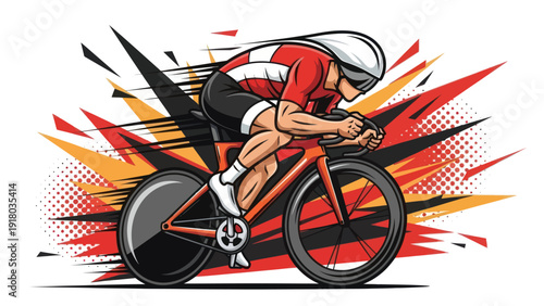 Cyclist in aerodynamic pose on a racing bike with speed burst graphic