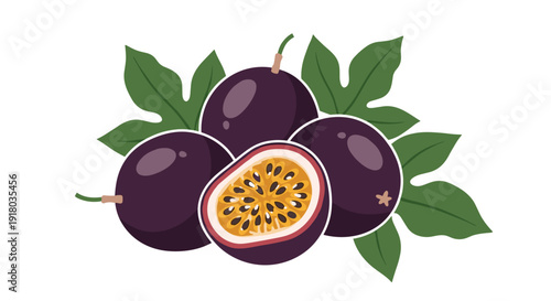 Vibrant illustration of several whole and one sliced passion fruit, showcasing the juicy seeds, surrounded by green leaves.