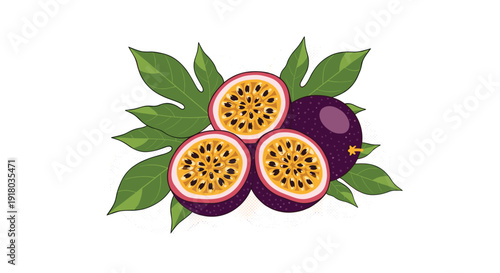 A lush and juicy illustration of fresh passion fruit, with one whole fruit and several halves showing the seeds, with leaves.