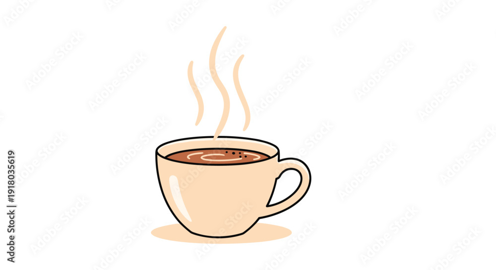 Obraz premium A simple and clean illustration of a beige mug filled with a hot beverage like coffee or cocoa, with gentle steam rising, isolated on white.