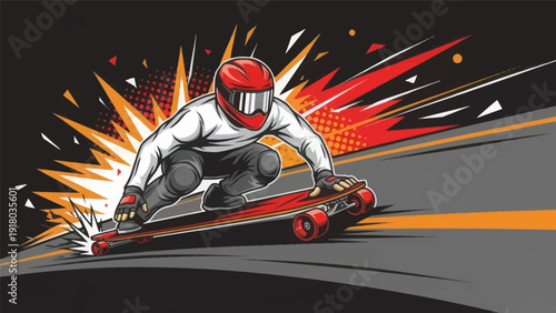 Dynamic illustration of a skateboarder in action with speed and energy