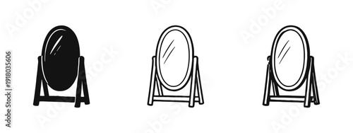 Set of Oval Standing Mirror Icons with Solid, Outline, and Hand-Drawn Styles