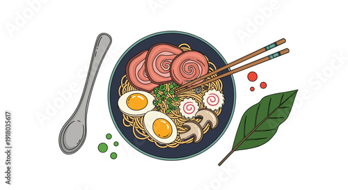 A detailed top-down illustration of a delicious bowl of Japanese ramen noodles, complete with pork, egg, and narutomaki, alongside a spoon and chopsticks.