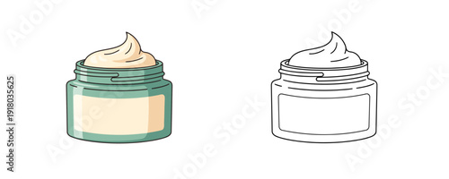Open glass jar with moisturizing face cream in flat cartoon style and line art version on white background representing daily skin care and beauty treatment product