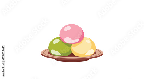 A colorful illustration of Japanese hanami dango, featuring three sweet rice dumplings in pink, green, and yellow, served on a small brown plate.