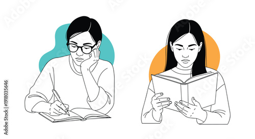 A minimalist line art illustration depicting two women, one wearing glasses and writing in a journal, the other engrossed in reading a book.