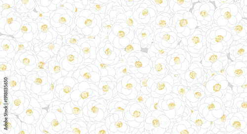 An elegant and subtle seamless pattern of white camellia flowers with golden yellow centers, hand-drawn in a delicate line art style on a light background.