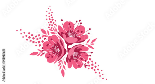 A stylish and abstract floral corner decoration featuring three vibrant pink flowers, leaves, and geometric pixelated elements on a white background.