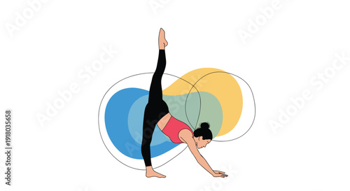 A graceful illustration of a woman performing a standing split yoga pose, showcasing flexibility against a backdrop of colorful abstract shapes.