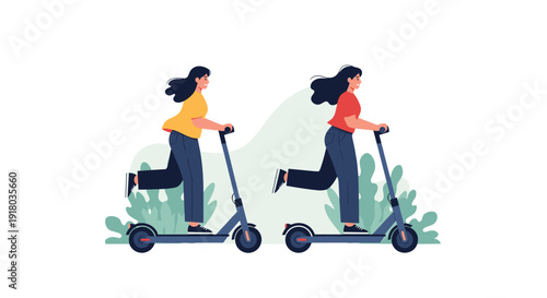 An illustration of two young women having fun while riding modern electric scooters, with green foliage in the background representing an urban park.