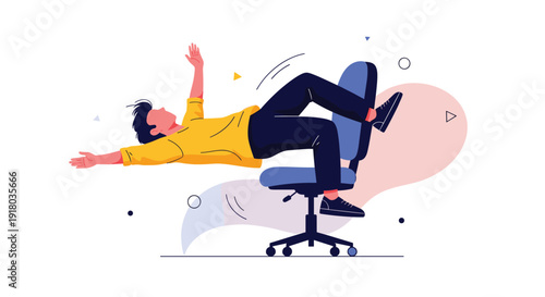 A cheerful man in a yellow shirt joyfully balancing and falling off a blue office chair, conveying a sense of fun and taking a break from work.