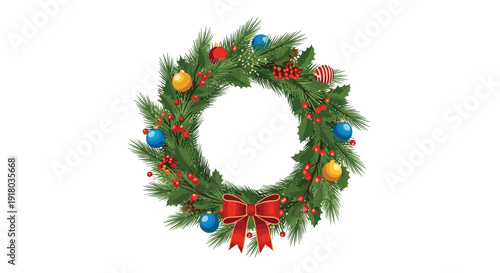 A classic and festive Christmas wreath made of green pine branches, decorated with red berries, colorful baubles, and a large red bow at the bottom.