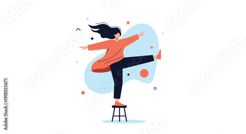 A cheerful woman with flowing hair balancing playfully on one leg on a small stool, expressing freedom and joy with abstract shapes around her.
