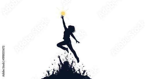 A powerful silhouette of a person leaping up from a crowd of hands, reaching for a shining sun, symbolizing hope, success, and breaking free.