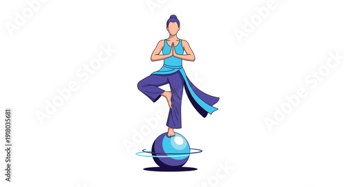 A serene illustration of a woman in a blue outfit performing a yoga tree pose while balancing gracefully on top of a small planet with rings.