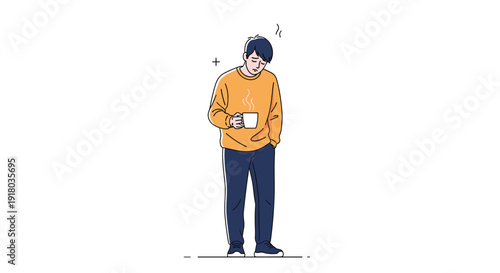An illustration of a sleepy and tired young man in a yellow sweater, looking down into his mug of hot coffee, needing caffeine to wake up.