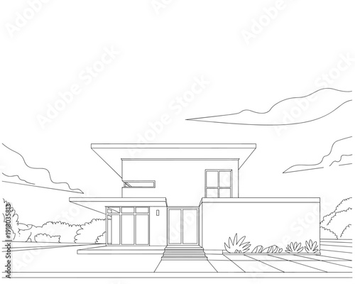 Modern residential house exterior line drawing 