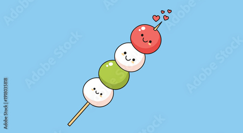 An adorable cartoon illustration of a Japanese dango skewer with four cute, smiling mochi balls against a bright blue background.
