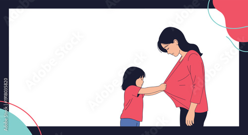 A simple and emotional illustration of a young child pulling on their sad and distant mother's shirt, trying to get her attention, with a decorative border.