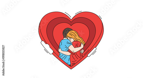 A hand-drawn illustration of a loving couple hugging inside a multi-layered, paper-cut-style red heart, symbolizing deep love and protection.