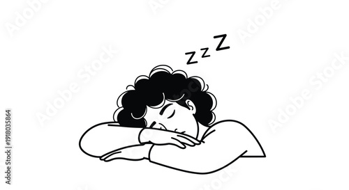 A simple black and white line drawing of a person with curly hair sleeping on their arms at a desk, with Zzz letters indicating deep sleep or boredom.