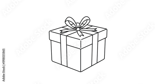 A clean and simple black and white line art drawing of a square gift box wrapped with a ribbon and a neat bow on top, ready for any celebration.