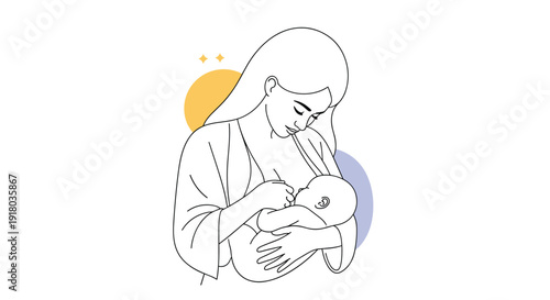 A tender and minimalist line art illustration of a mother lovingly breastfeeding her newborn baby, set against simple colorful circular shapes.