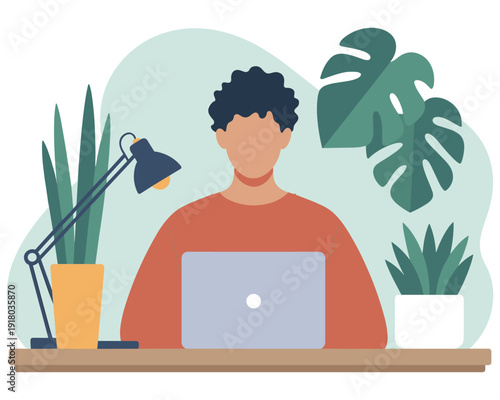 Person working on laptop computer surrounded by houseplants and desk lamp