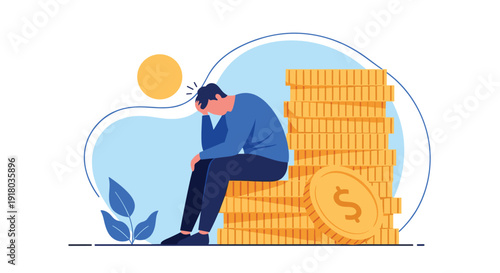 A stressed and worried man sits on a large stack of gold coins with his head in his hand, illustrating financial problems, debt, or money-related anxiety.