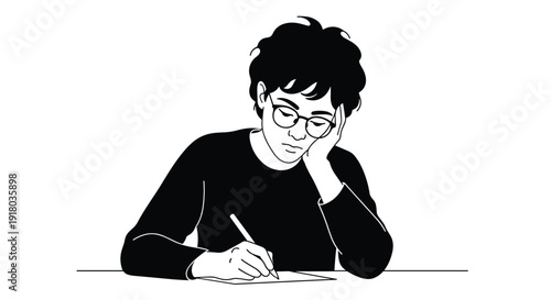 A black and white illustration of a thoughtful person with glasses and curly hair, resting their head on one hand while writing on a piece of paper.