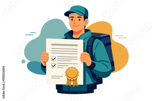 Delivery person holding a certificate of achievement.