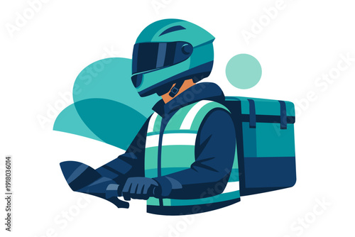 Delivery person on scooter with insulated bag and helmet.