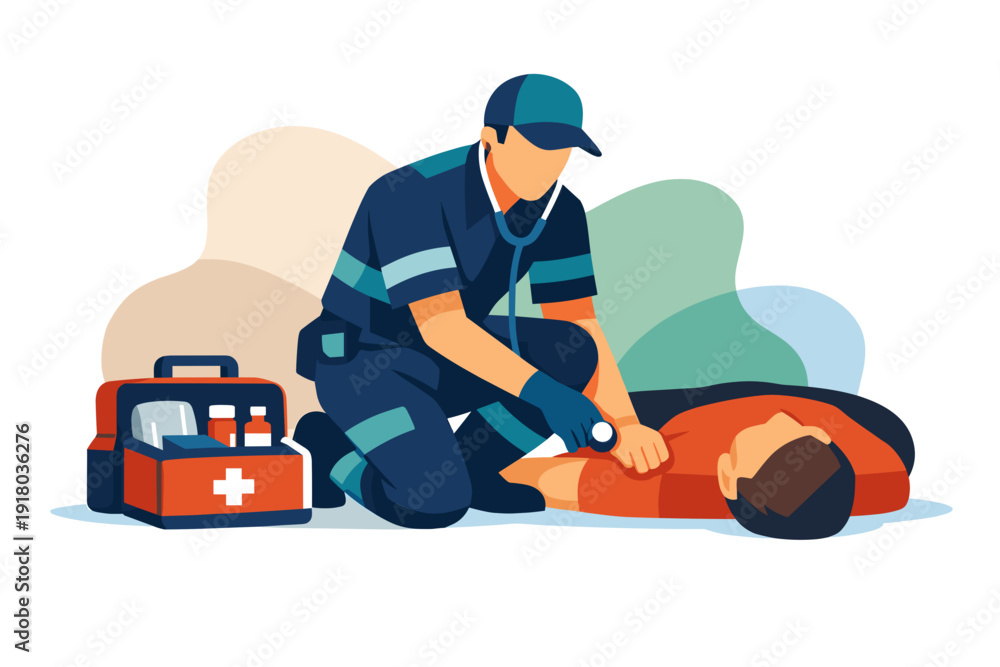 Fototapeta premium Paramedic performing CPR on patient with first aid kit nearby.