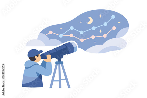 Man looking through telescope at star constellation in night sky.