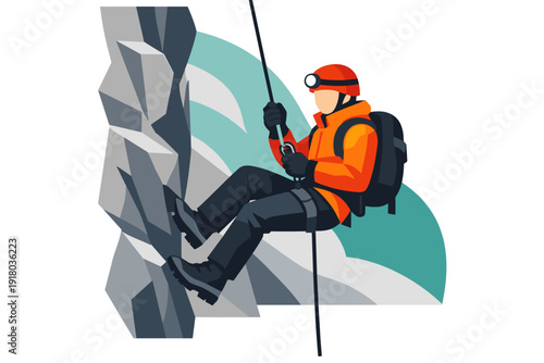 Man rappelling down a steep rock face wearing climbing gear.