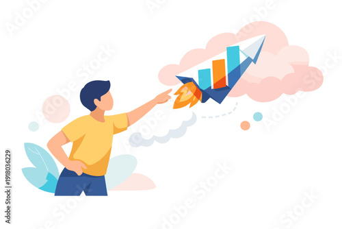 Man reaching for a rocket ship with a bar graph on its side.