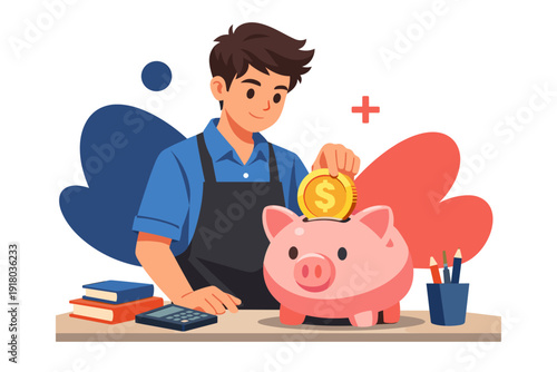 Man putting coin in piggy bank for savings.