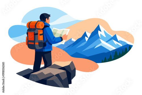 Man with backpack and map looking at mountains.